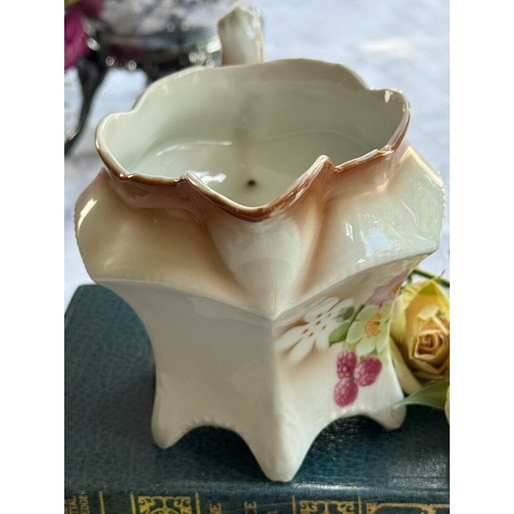 Rare Antique German Hand Painted Floral Footed Creamer Sepia Yellow Brown - Picture 13 of 16
